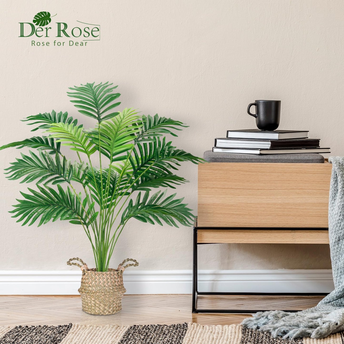 Der Rose Fake Palm Tree 28Inch Tall Fake Plant Potted Faux Areca Artificial Tree with Hand-Woven Baskets with Handles for Indoor Outdoor Home Office Bedroom Porch Balcony Boho Decor