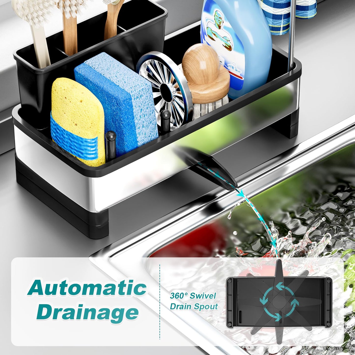 Ewaiira Stainless Steel Sink Caddy, Sponge Holder for Kitchen Sink with Brush Holder & Dishcloth Rack, Rustproof Sink Organizer Countertop, Soap Dispenser Kitchen Organizers Storage Essentials, Black