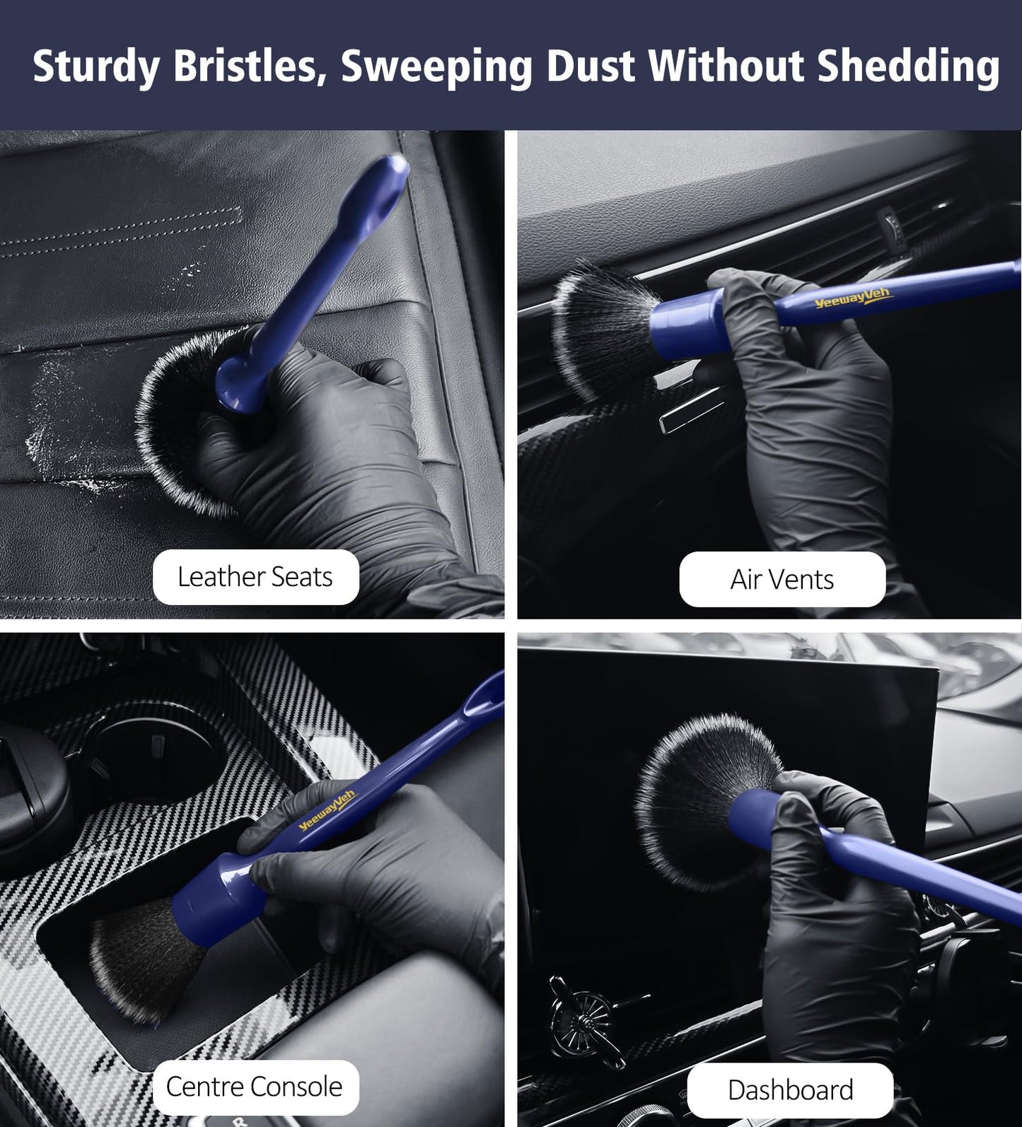 YeewayVeh 6PCS Car Detailing Brush Set, 3pcs Boars Hair Car Detailing Brushes, 3pcs Ultra Soft Detail Brush for Leather Seat Air Vents Engine Bay, Detail Brushes Car Detailing for Interior Exterior