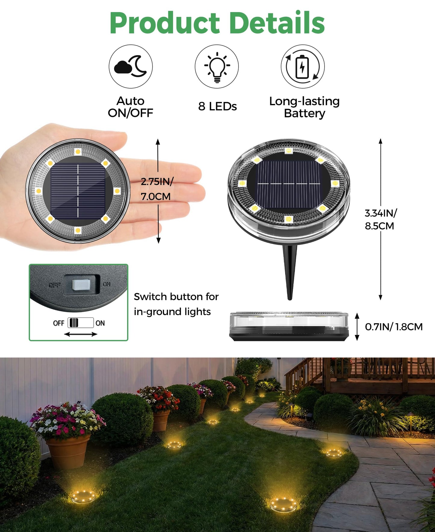 LOTMOS Solar Ground Lights Outdoor, 8 Pack 8 LED Garden Lights Solar Powered, Waterproof Pathway Disk Lights, Mini Puck Landscape Lighting for Pool Walkway Lawn Driveway Patio Yard, Warm White