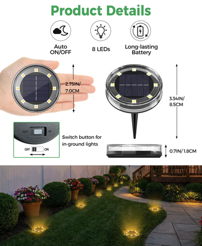 LOTMOS Solar Ground Lights Outdoor, 8 Pack 8 LED Garden Lights Solar Powered, Waterproof Pathway Disk Lights, Mini Puck Landscape Lighting for Pool Walkway Lawn Driveway Patio Yard, Warm White