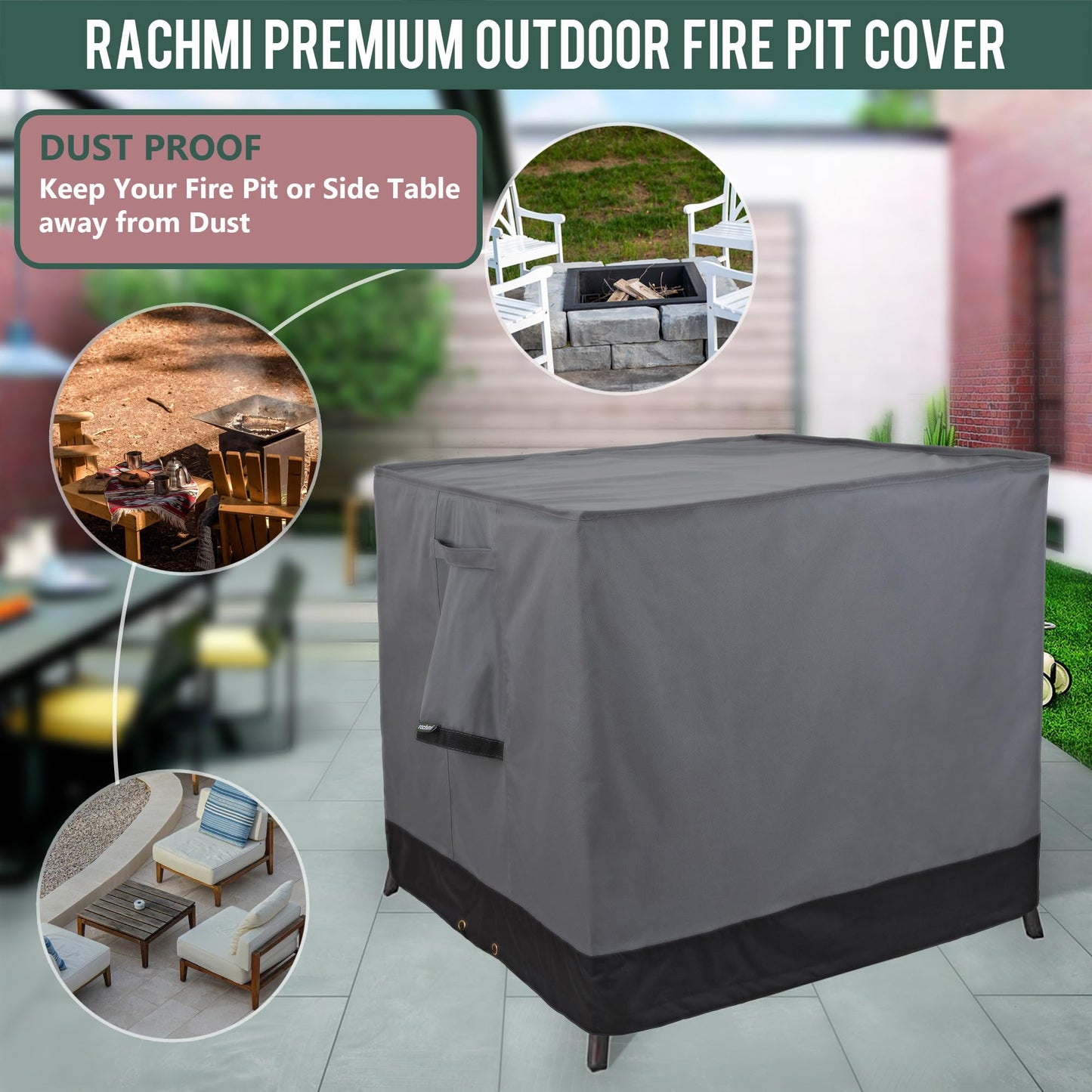 Rachmi Square Gas Fire Pit Cover 28 Inch, Heavy Duty 600D Oxford Water Resistant Anti UV & Fade Outdoor Patio Furniture Cover for Coffee & Side Table, (28"Wx28"Dx25.2"H, Gray/Black)
