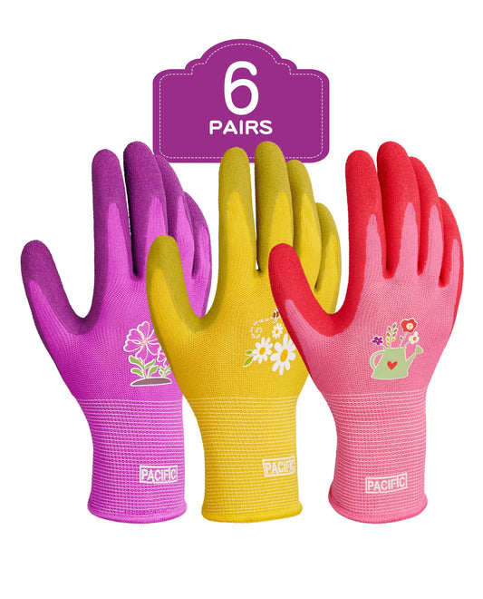 PACIFIC PPE 6 Pairs Gardening Gloves for women, Rubber Coated Garden Gloves, Ladies Yard Work Gloves, Breathable, Purple & Yellow & Red, Medium