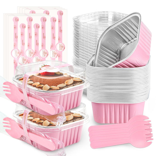 NPLUX 60 Pack Mini Cake Pans with Lids Mini Aluminum Pans, Disposable Loaf Pans Cupcake Liners with Lids for Pudding, Souffle, Party, Wedding(Pink, 5 oz)