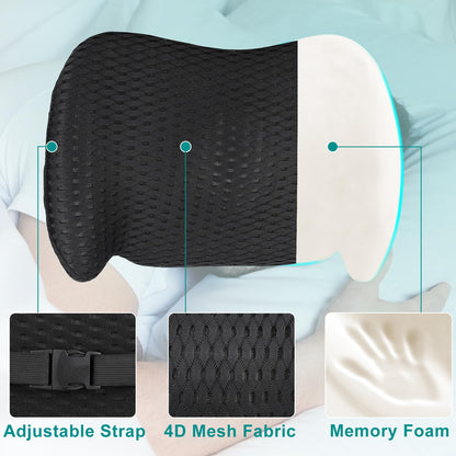 Back Support for Office Chair, Memory Foam Lumbar Pillow for Lower Back Pain Relief, Ergonomic Seat Cushion for Car, Travel, Airplane, Bed with Adjustable Strap