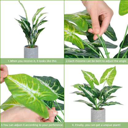 Dremisland 2Pack Artificial Potted Plant 16" Tall Faux Monstera Potted Plants with Gray Pot Fake Greenery Plants Decor for Home Office Table Desk Living Room Shelves Bathroom (Taro and Monstera)
