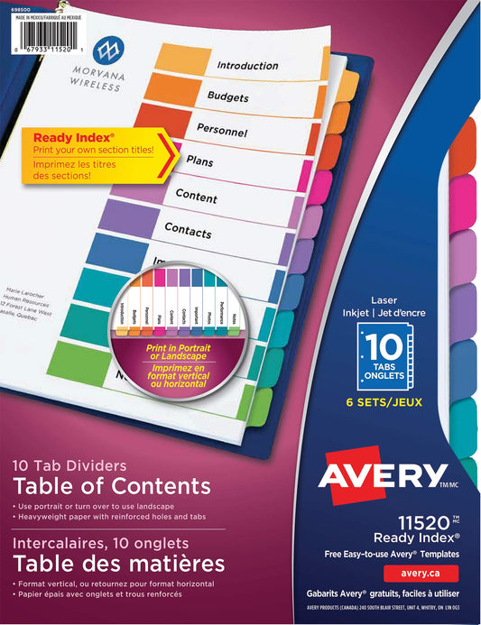 Avery Ready Index Table of Content Dividers for Laser and Inkjet Printers, Plain Tab, 10 tabs, Multi-Colour, 6 Sets, (11520)