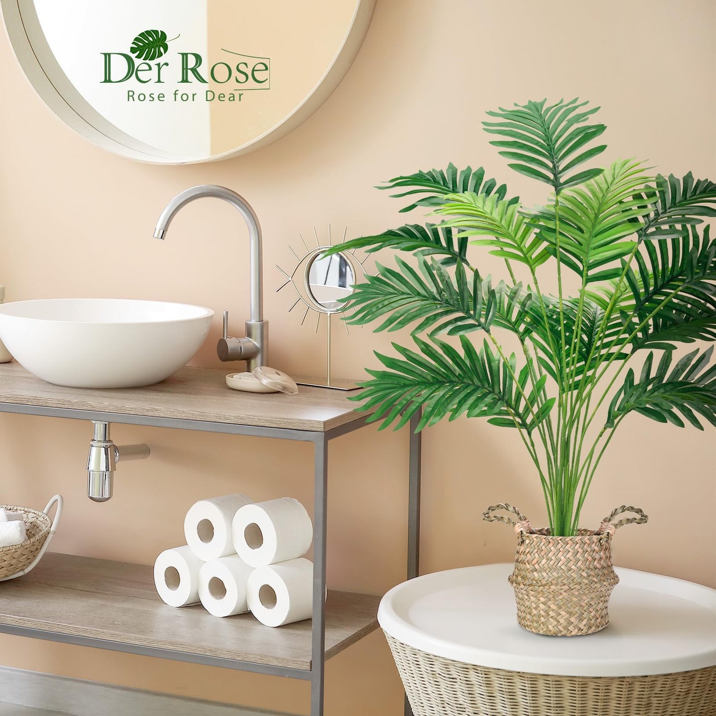 Der Rose Fake Palm Tree 28Inch Tall Fake Plant Potted Faux Areca Artificial Tree with Hand-Woven Baskets with Handles for Indoor Outdoor Home Office Bedroom Porch Balcony Boho Decor
