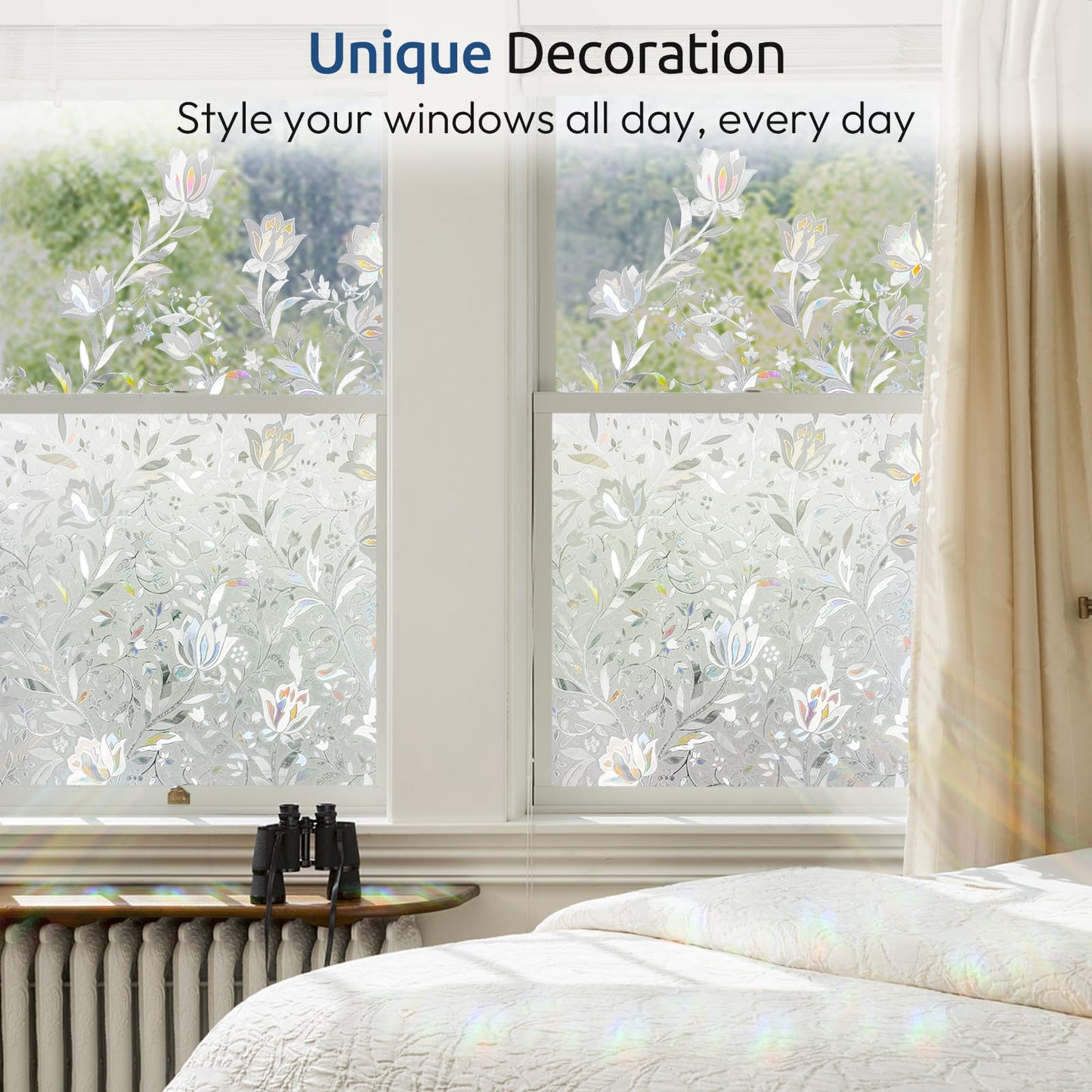rabbitgoo Privacy Window Film, Decorative Stained Glass Film, Sun Blocking Window Cling, Removable Static Cling Vinyl Glass Sticker for Home, Bathroom Door, Tulip Flower, Clear, 60x200cm