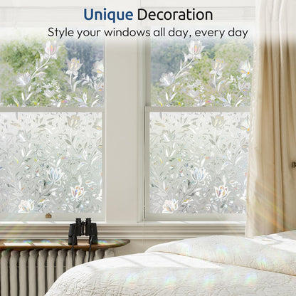 rabbitgoo Privacy Window Film, Decorative Stained Glass Film, Sun Blocking Window Cling, Removable Static Cling Vinyl Glass Sticker for Home, Bathroom Door, Tulip Flower, Clear, 60x200cm