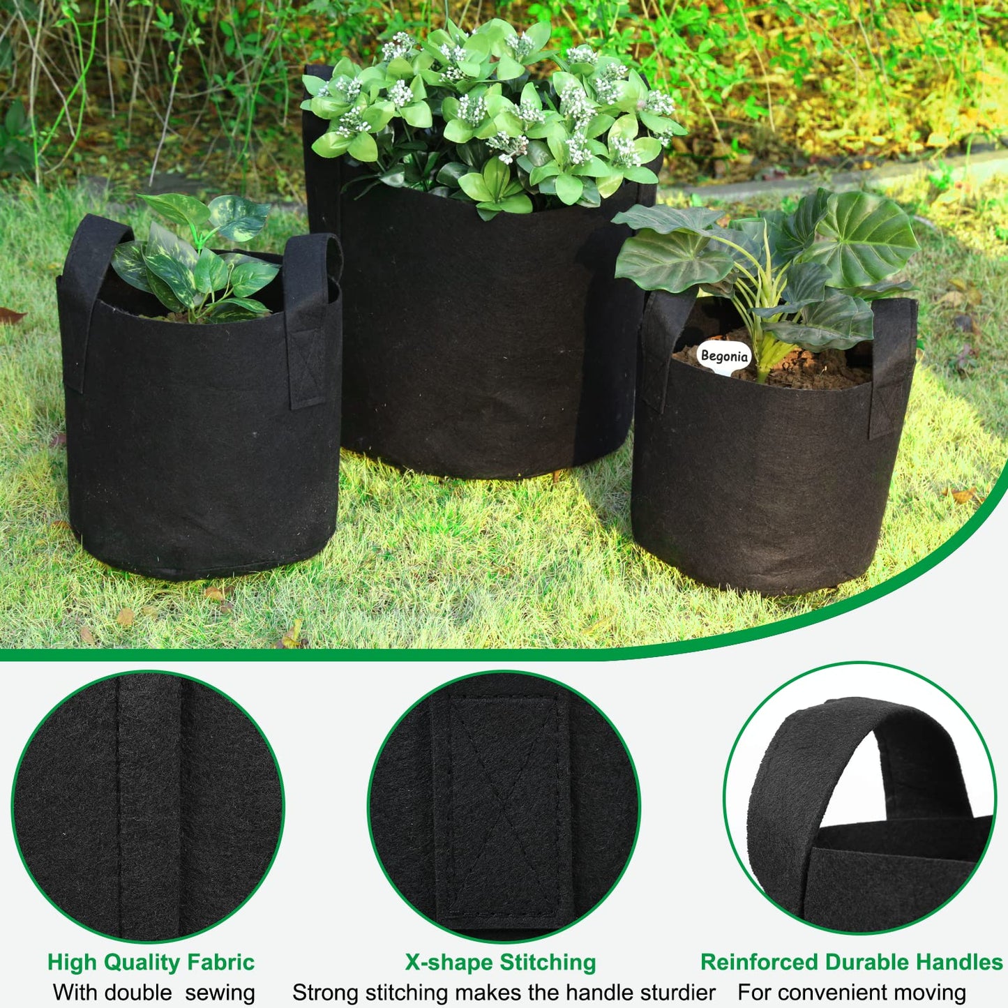JERIA 12-Pack 5 Gallon, Vegetable/Flower/Plant Grow Bags, Aeration Fabric Pots with Handles (Black)