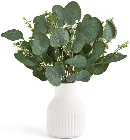 Dahey Artificial Eucalyptus Stems in Small Ceramic Vase Centerpiece Table Decorations Modern Farmhouse Decor Fake Eucalyptus Plants with Vase for Bathroom Kitchen Shelf Living Room Home Decor, White