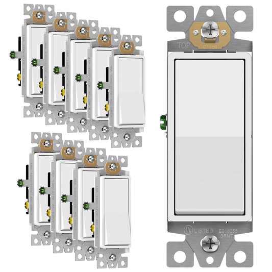 TG 3-Way Decorator Paddle Rocker Light Switch, Gloss Finish, Single Pole or Three Way, 3 Wire, Grounding Screw, Residential Grade, 15A 120V/277V, UL Listed, White (10 Pack)