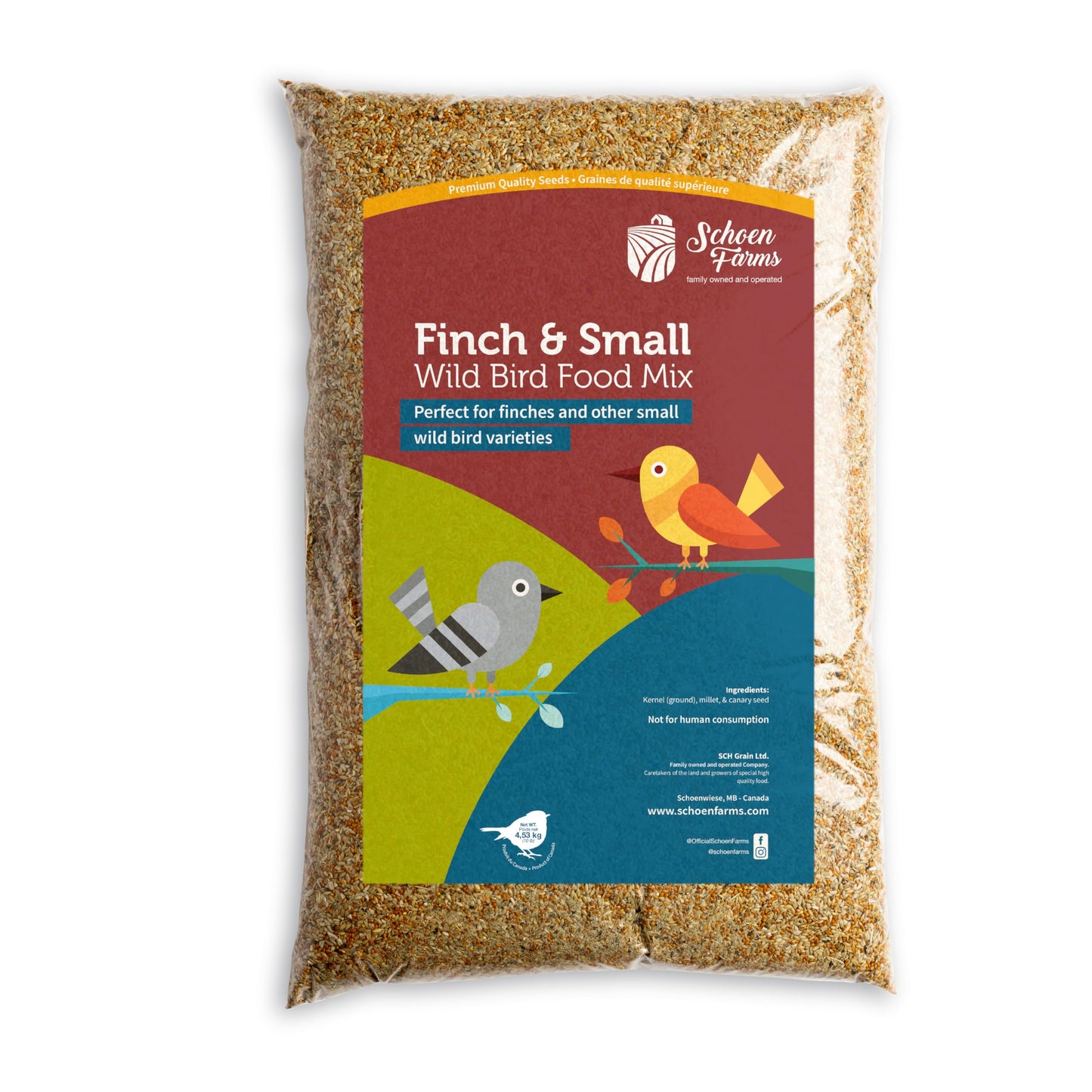 Schoen Farms Finch & Small Bird Seed Mix – 4.54 kg Bag – Shell-Free Wild Bird Food for Finches, Chickadees, Siskins & Songbirds – Grown in Canada