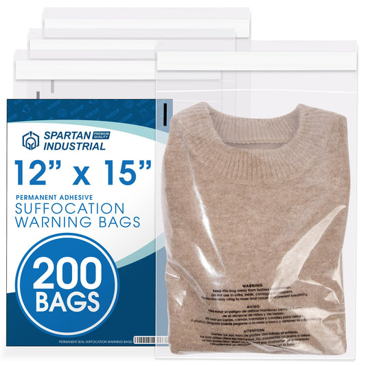 Spartan Industrial - 12” X 15” (200 Count) Self Seal Clear Poly Bags with Suffocation Warning for Packaging, T-Shirts & Clothing - Permanent Adhesive