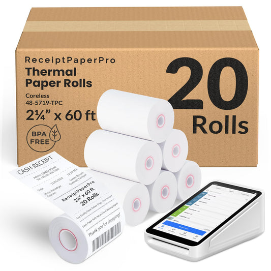 ReceiptPaperPro 2 1/4” x 60 ft Coreless Thermal Paper Receipt Rolls for Square Terminal, 20 Rolls