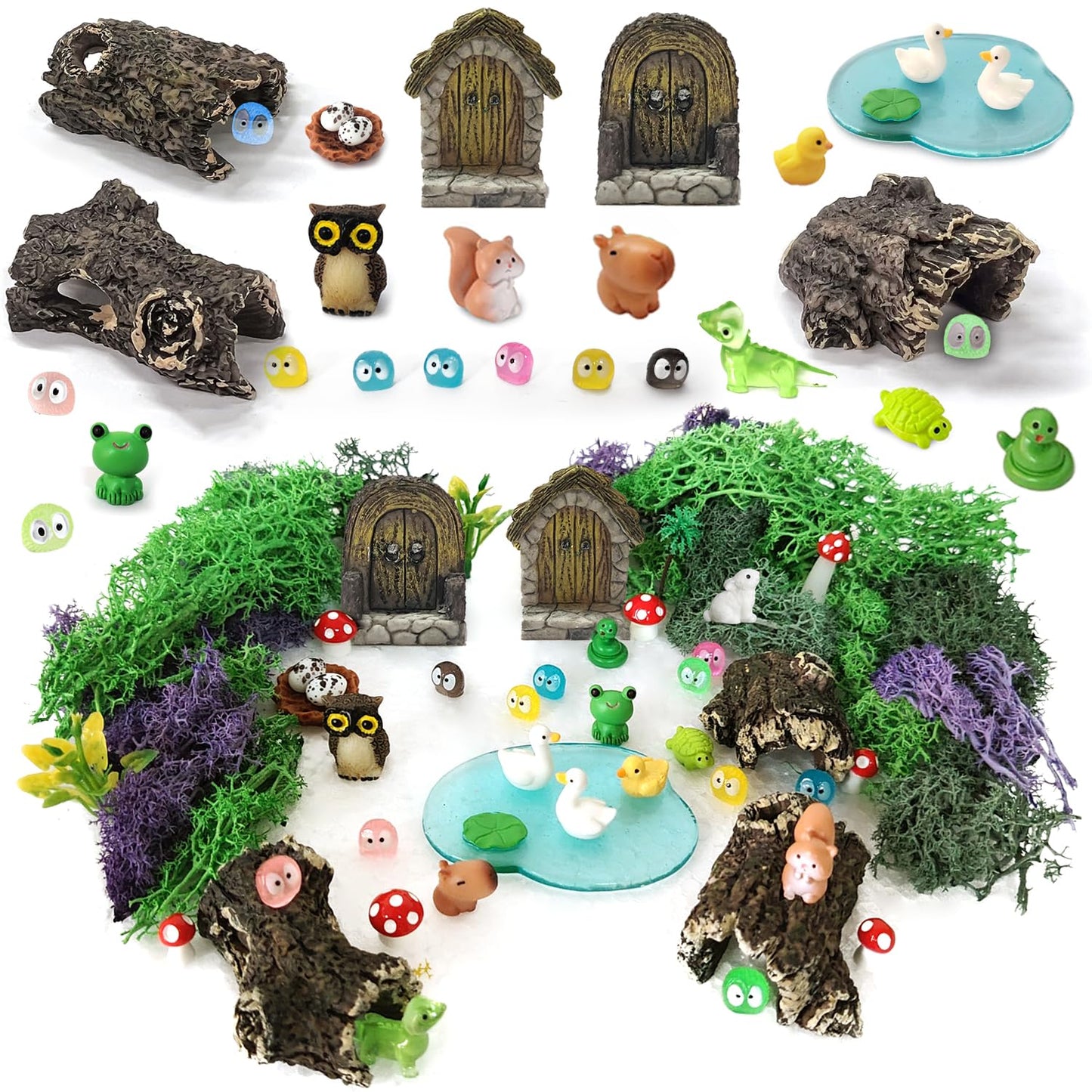QuarenDen 40 Pcs Miniature Fairy Garden Accessories, Fairy Door, Miniature Tree Stumps and Tiny Resin Animal with Moss for DIY Craft, Outdoor Yard, Lawn, Fairy Garden Decor