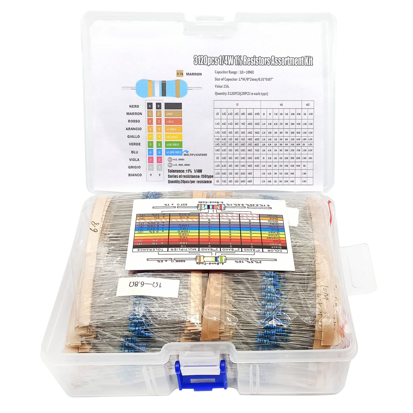 3120pcs 156 Values Metal Film Resistor Kit Minidodoca 1 Ohm-10M Ohm 1/4W 0.25 watt ±1% Tolerance Fixed Resistors Assortment Kit RoHS Compliant 100 1000 1k 10k 100k ohm Resistor Pack for DIY Projects