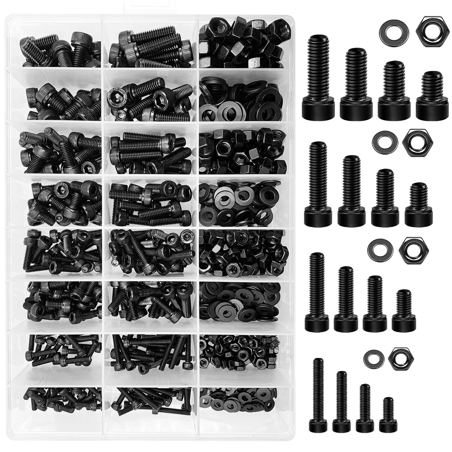 Mywish 900Pcs M3 M4 M5 M6 Metric Screws Assortment, Grade 12.9 Alloy Steel, Nuts and Bolts Hex Socket Head Cap Metric Bolts & Nuts & Flat Washers Kit, Black Zinc Plated, Anti Rust Machine Screws