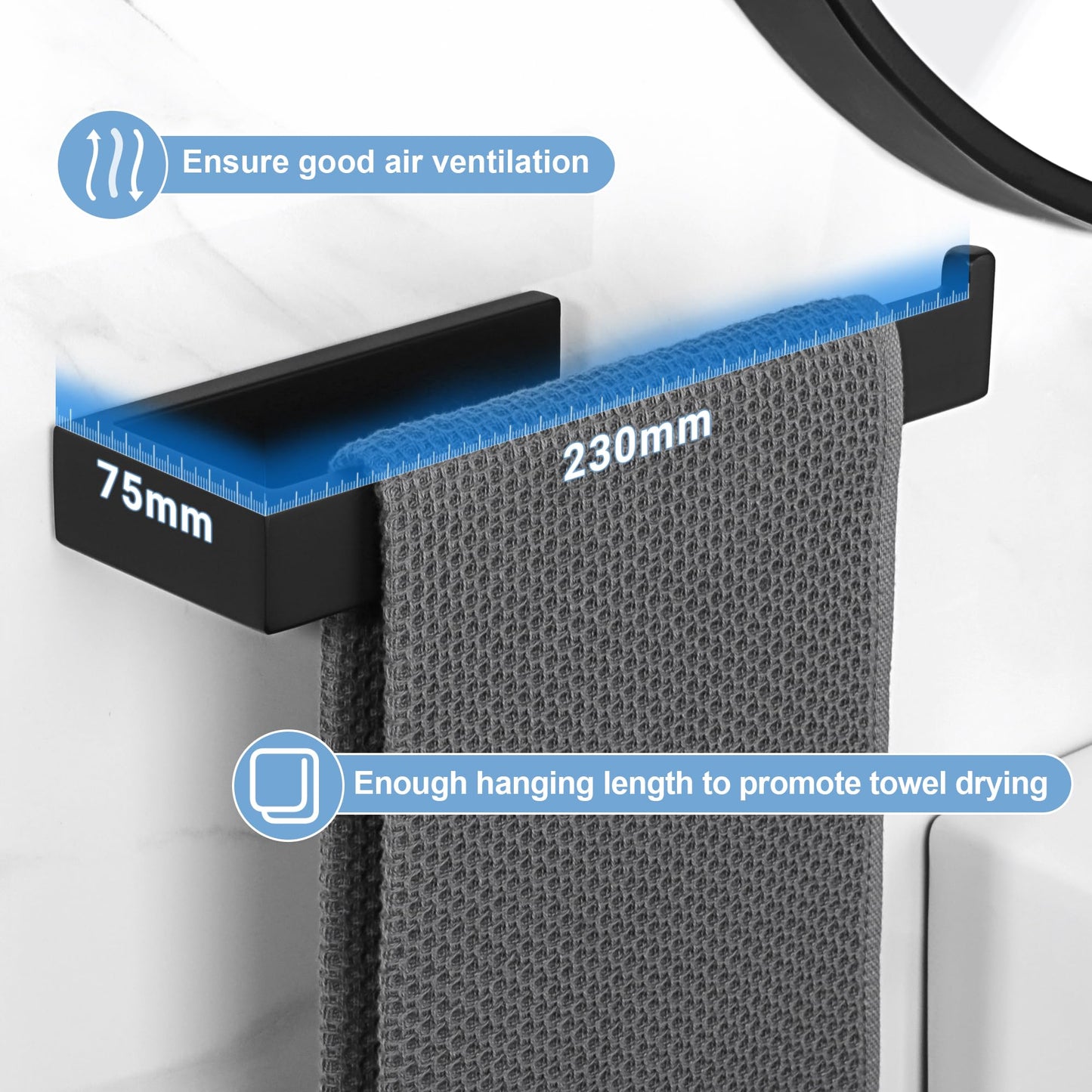 Sayayo Black Hand Towel Holder, Towel Bar Towel Rails Wall Mounted, Hand Towel Ring for Kitchen Toilet Bathroom, SUS304 Stainless Steel, 10 Inch, GKN2212-B