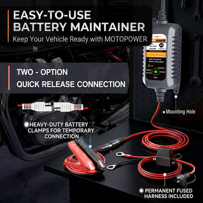 MOTOPOWER MP00205A 12V 800mA Automatic Battery Charger, Battery Maintainer, Trickle Charger, and Battery Desulfator