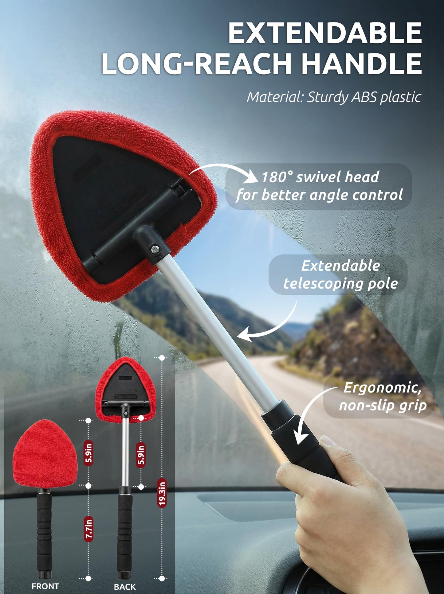 Windshield Window Cleaner Tool, Extendable Long-Reach Handle, Unique Pivoting Triangular Head, 3 Washable Reusable Microfiber Bonnets, Car & Home Inside Interior Exterior Use - Lint Free (Red)