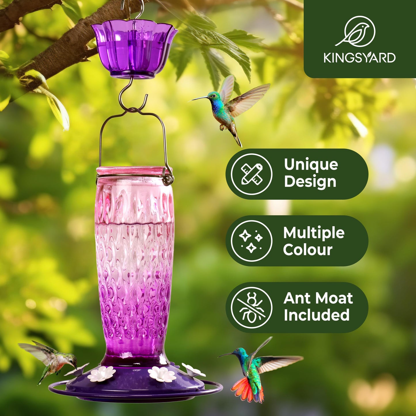 Kingsyard Hummingbird Feeders for Outdoors Hanging, 24 Ounce, Glass Hummingbird Feeder with Ant Moat & 6 Feeding Ports, Leak-Proof, Pink & Purple