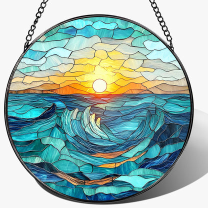 Stained Glass Window Hanging, Pauyadu 8 Inch Beach Stained Glass Suncatcher, Window Decoration Hanging, Sunrise Lover Gift, Natural Gift, Beach Home Decor, Gifts for Family, Friends, Colleagues