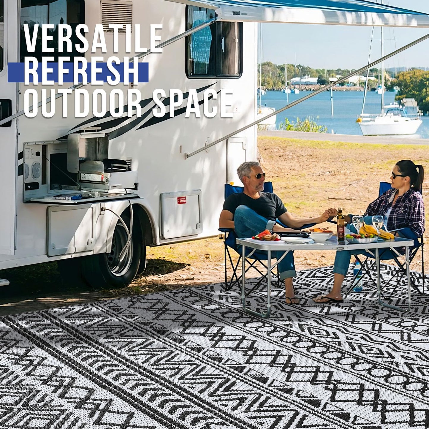 OLANLY Waterproof Outdoor Rug 4x6 ft, Reversible Plastic Patio Rug Outdoor Carpet, Geometric Pattern Large Outdoor Area Rug Deck Rugs for RV, Patio, Backyard, Picnic, Beach & Camping, Black and White