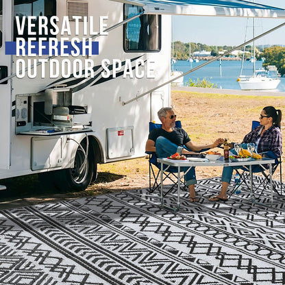 OLANLY Waterproof Outdoor Rug 4x6 ft, Reversible Plastic Patio Rug Outdoor Carpet, Geometric Pattern Large Outdoor Area Rug Deck Rugs for RV, Patio, Backyard, Picnic, Beach & Camping, Black and White