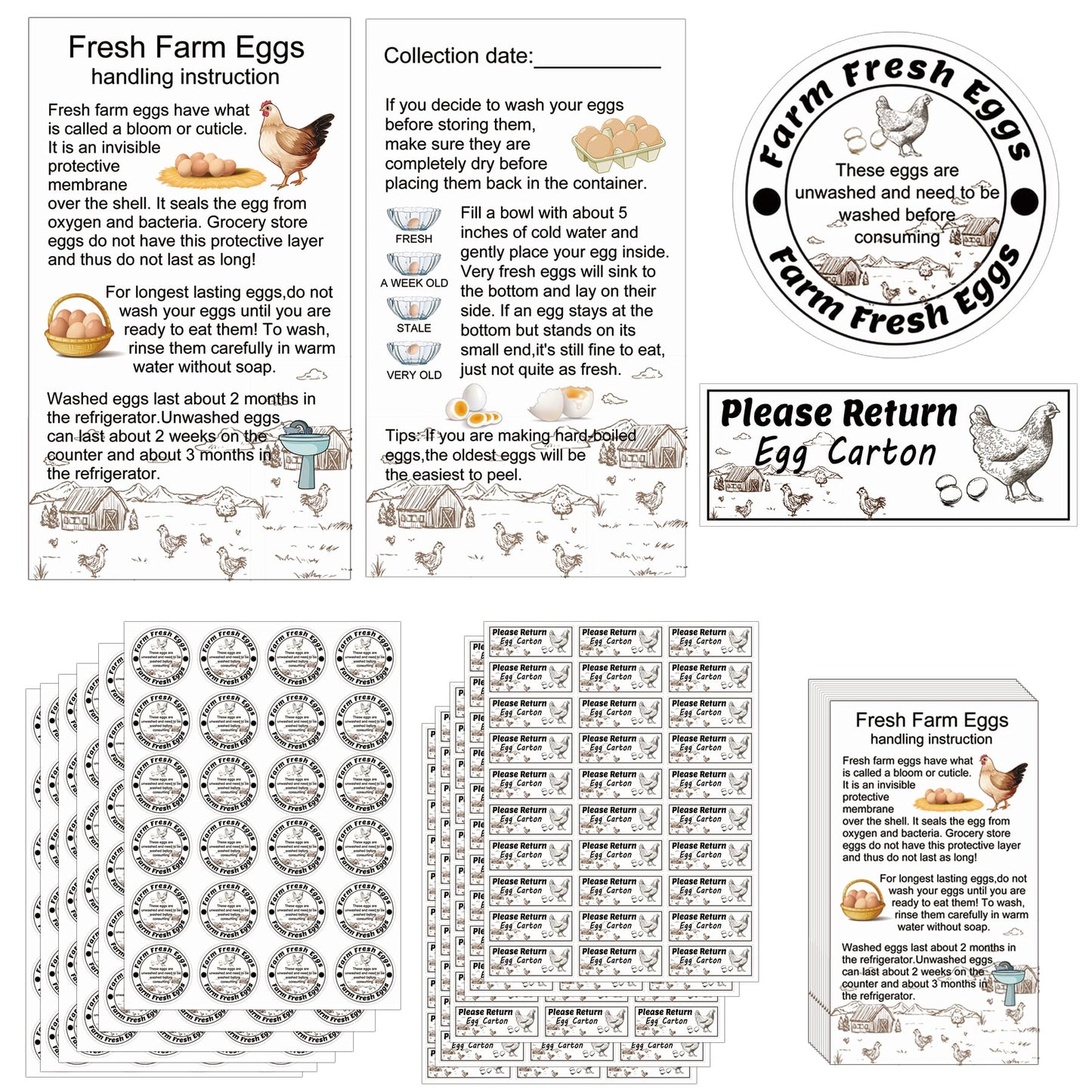 600 Pcs Farm Fresh Egg Carton Labels 600 Pcs Please Return Egg Carton Stickers 200 Pcs Double-Sided Egg Handling Instruction Cards Fresh Farm Egg Packaging Set for Eggs Care (Egg Set)