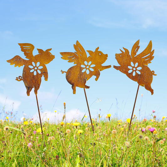 Flying Pig Metal Garden Stakes Decor, Decorative Garden Stakes, Lawn Art Yard Decorations Outdoor with Rust Paint Process, When Pigs Fly Garden Statue, Pig Stuff Pig Gifts Set of 3