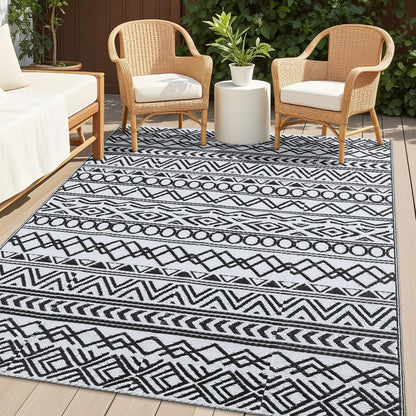 OLANLY Waterproof Outdoor Rug 4x6 ft, Reversible Plastic Patio Rug Outdoor Carpet, Geometric Pattern Large Outdoor Area Rug Deck Rugs for RV, Patio, Backyard, Picnic, Beach & Camping, Black and White