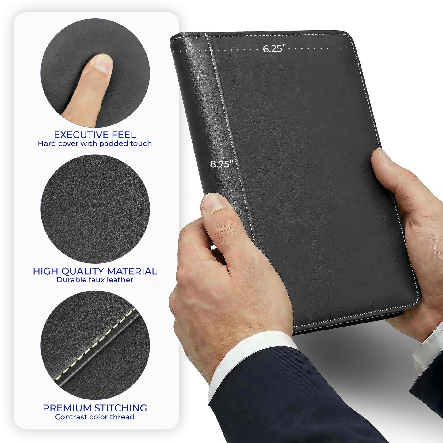 Samsill Contrast Stitch Leather Portfolio, Junior Size, 5 inch x 8 inch Writing Pad, Black