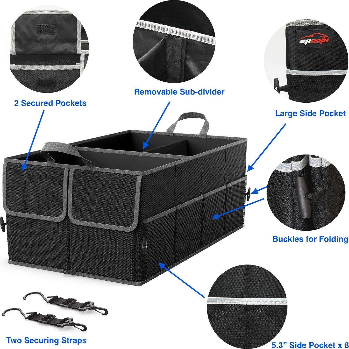 EPAuto Car Trunk Organizer 56L Foldable 3 Compartment with Securing Straps, Buckles and 10 Pockets, Black