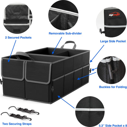 EPAuto Car Trunk Organizer 56L Foldable 3 Compartment with Securing Straps, Buckles and 10 Pockets, Black