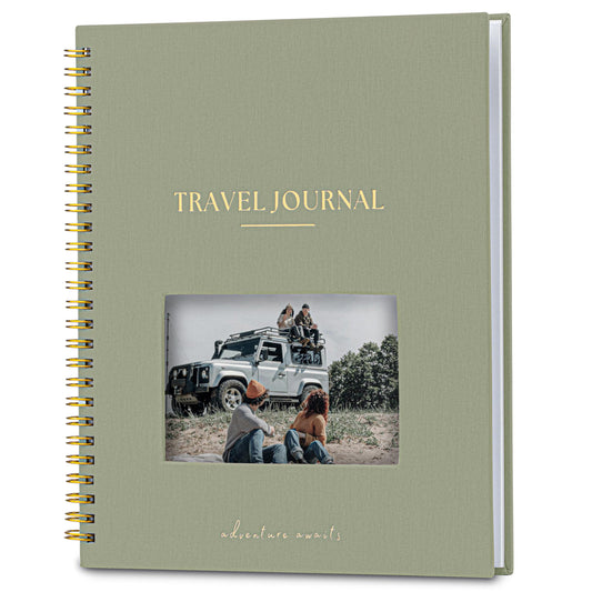Nook Theory Personalized Travel Journal for Women, Men - Linen Travelers Notebook, Adventure Book with Prompts, Perfect for Travel Gifts (Sage 2)
