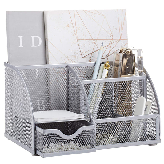 Annova Mesh Desk Organizer Office with 7 Compartments + Drawer/Desk Tidy Candy/Pen Holder/Multifunctional Organizer (silver)