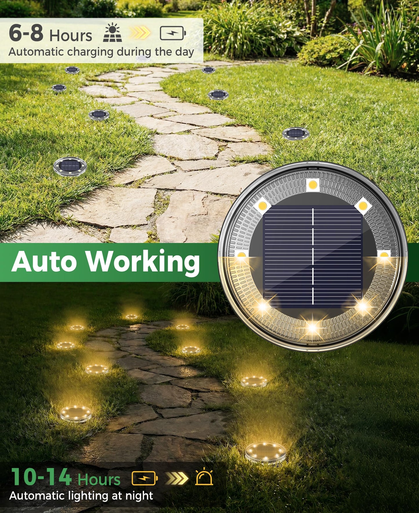 LOTMOS Solar Ground Lights Outdoor, 8 Pack 8 LED Garden Lights Solar Powered, Waterproof Pathway Disk Lights, Mini Puck Landscape Lighting for Pool Walkway Lawn Driveway Patio Yard, Warm White