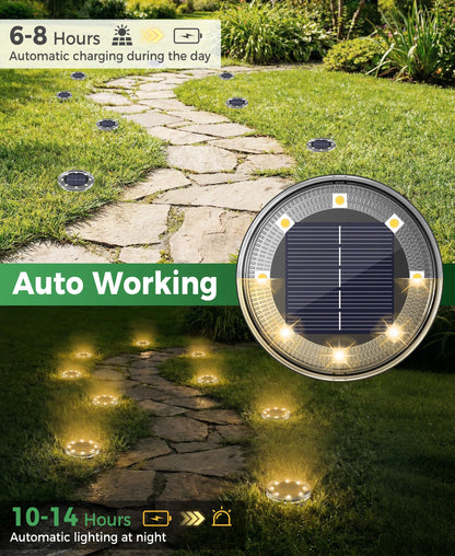 LOTMOS Solar Ground Lights Outdoor, 8 Pack 8 LED Garden Lights Solar Powered, Waterproof Pathway Disk Lights, Mini Puck Landscape Lighting for Pool Walkway Lawn Driveway Patio Yard, Warm White