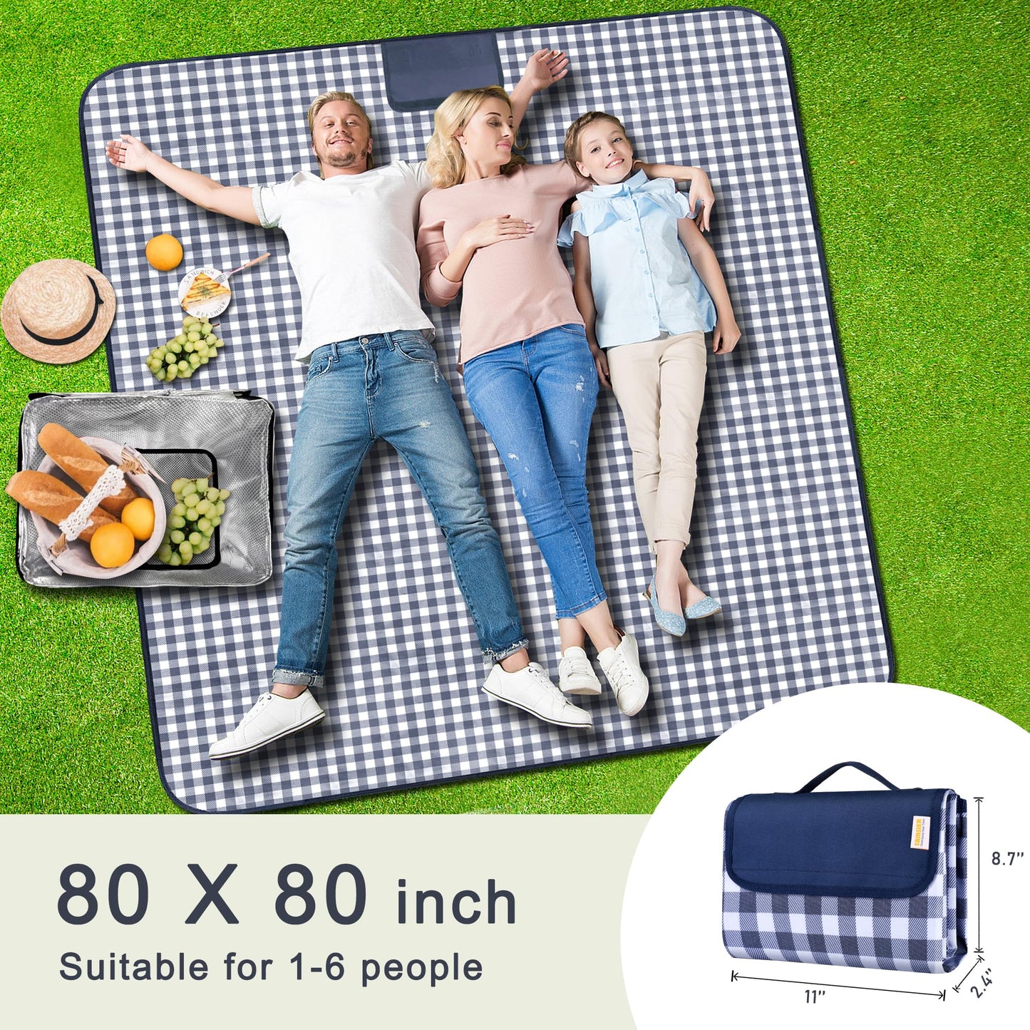 SAMSIER Large Outdoor Picnic Blankets Waterproof Foldable, Beach Blanket Sandproof Portable, Cute Picnic Mat Washable (Navy Blue, 80"×80")