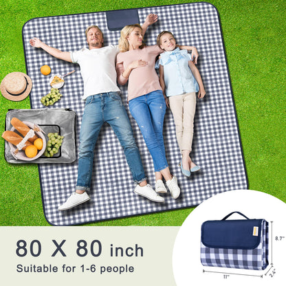 SAMSIER Large Outdoor Picnic Blankets Waterproof Foldable, Beach Blanket Sandproof Portable, Cute Picnic Mat Washable (Navy Blue, 80"×80")