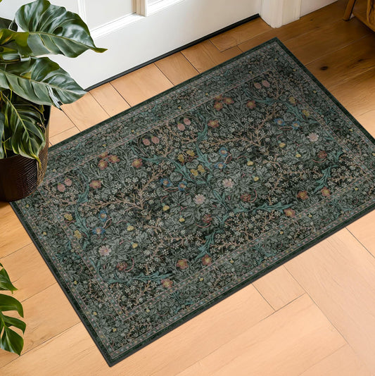 Boho Vintage Botanical Floral & Leaf Area Rugs for Bathroom, Entryway, Bedroom, Living Room, Dining Room, Kitchen Floor, Soft Machine Washable Low Pile Non Slip (Dark Green, 2' x 3' (Rectangular))