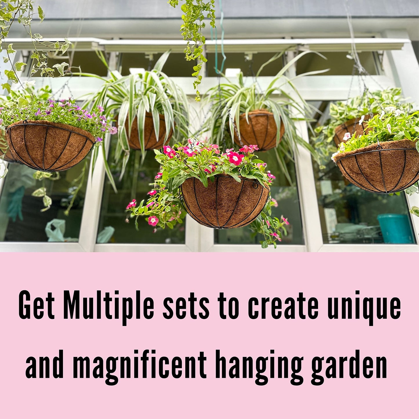 LaLaGreen Hanging Planters for Outdoor Plants (12 Inch, 2 Pack) Hanging Baskets with Coco Liner Flower Pots, Metal Wire Round Plant Holder Hanger Hook Chain Deck Porch Garden Balcony Farmhouse Decor