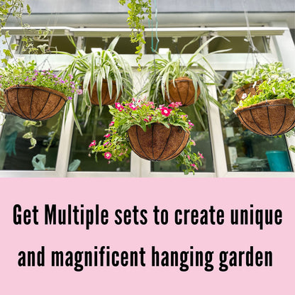 LaLaGreen Hanging Planters for Outdoor Plants (12 Inch, 2 Pack) Hanging Baskets with Coco Liner Flower Pots, Metal Wire Round Plant Holder Hanger Hook Chain Deck Porch Garden Balcony Farmhouse Decor