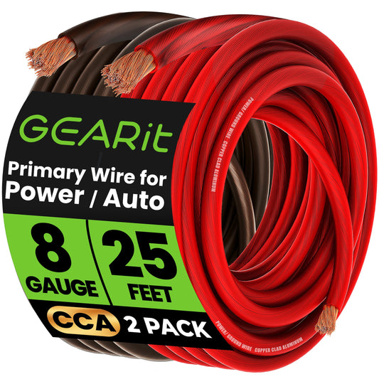 GEARit 8 Gauge Wire, for Automotive Power/Ground, Battery Cable, Car Audio, RV, Amp, CCA, Automotive Wire, Amp Kit, Battery Cables, Wiring Kit, (25 feet Each- Black/Red)