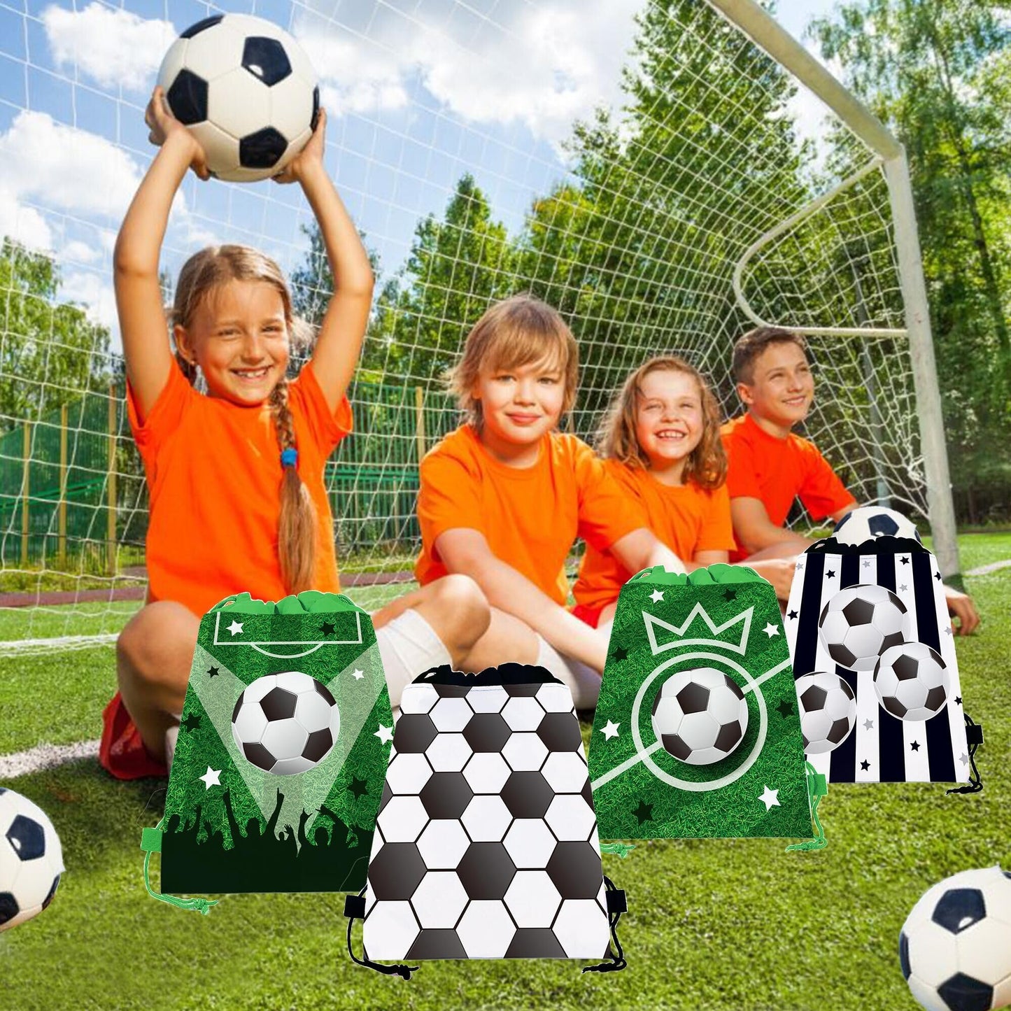 Flunyina Soccer Drawstring Bags, 12Pcs Non-Woven Fabric Soccer Bags Soccer Party Favor Backpack Bags Sports Soccer Printed Party Treat Bags Gift for Soccer Game Birthday Party Christmas