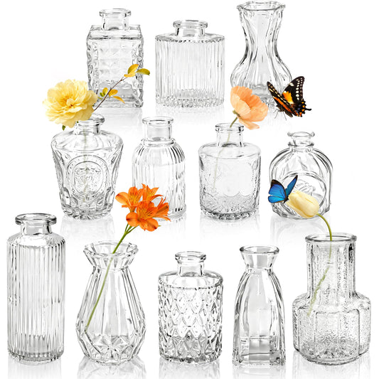 Der Rose 12pcs Small Glass Bud Vases Bulk, Clear Flower Vases for Home Dining Table & Wedding Centerpieces Decor