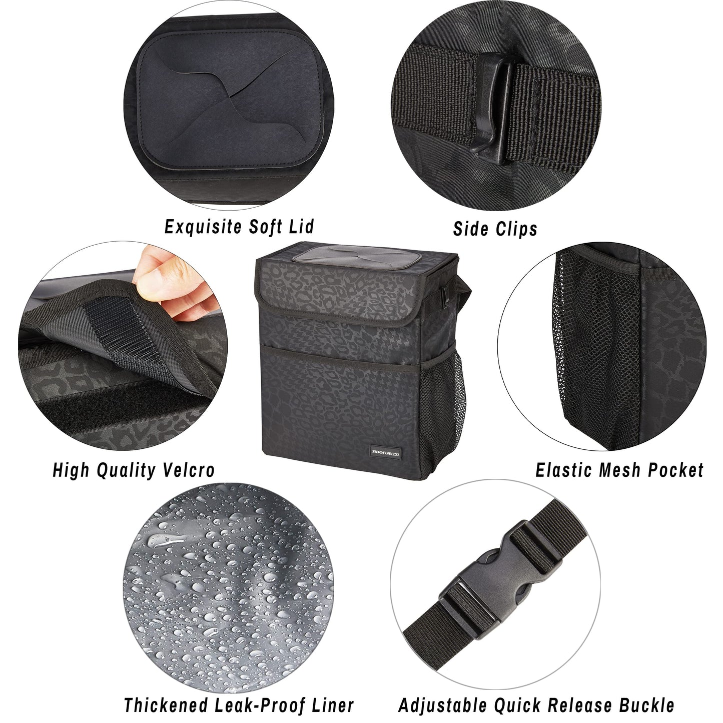 Cute Car Trash Can with Lid – Multipurpose Collapsible Trash Bin for Car, Leak-Proof Organizer, Waterproof Garbage Can with Storage Pockets & Adjustable Straps, 2 Gallons (Black Leopard)