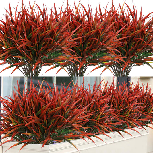 Weldomcor Artificial Plants for Decor Outdoor 8 Bundles Fake Grass Bushes, Faux Greenery Stems Decorative Branch Plant Shrubs Indoor for Home Garden Window Box Patio Pathway Spring Summer Decor (Red)